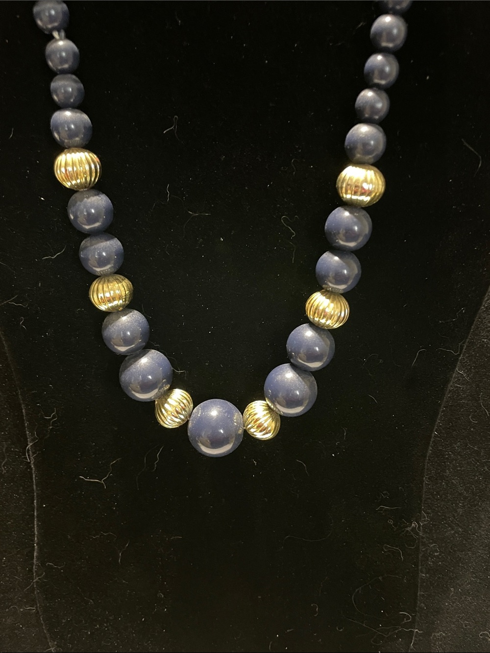 Classic Navy Blue Beaded Necklace with Gold Accents.   M’s